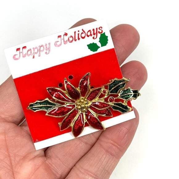 Holiday Poinsettia Pin Red, Green, Gold Enamel & Metal 2" NWOT - Picture 4 of 6